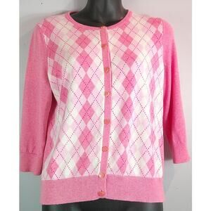 Talbots 3/4 Sleeve Pink Gingham Button Cardigan Women's Petite Large